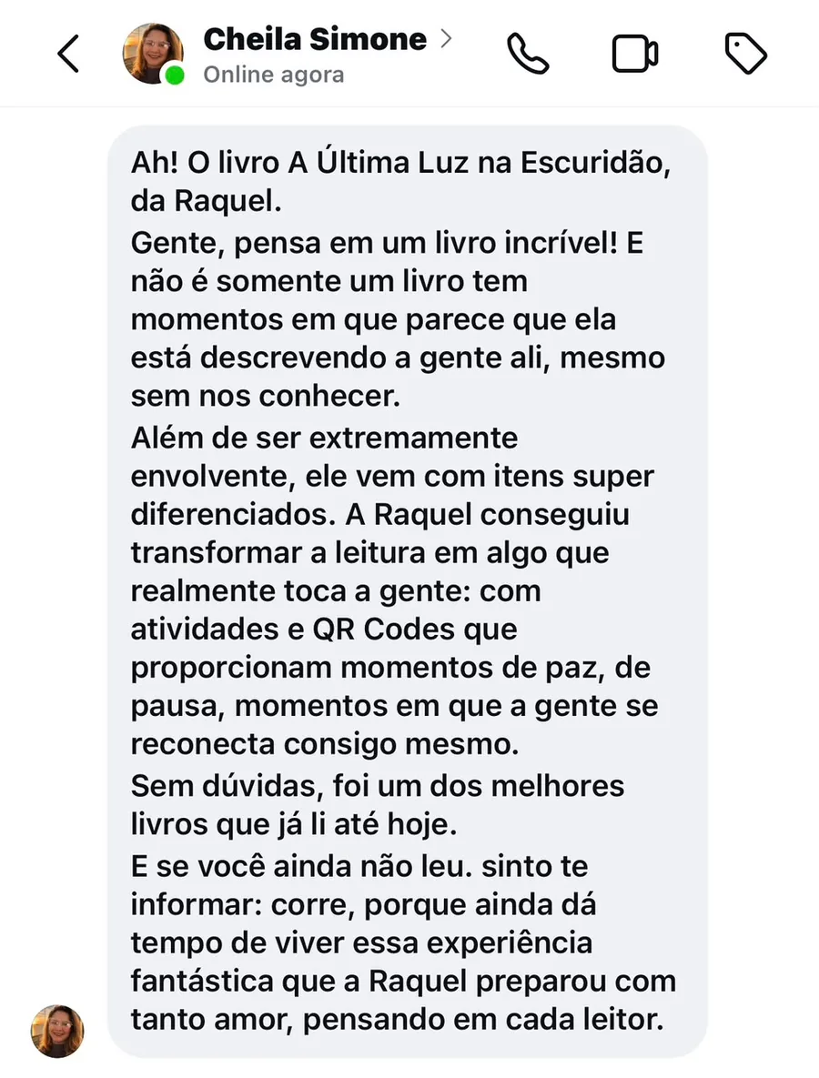 Depoimento de Cheila Simone sobre o livro no WhatsApp